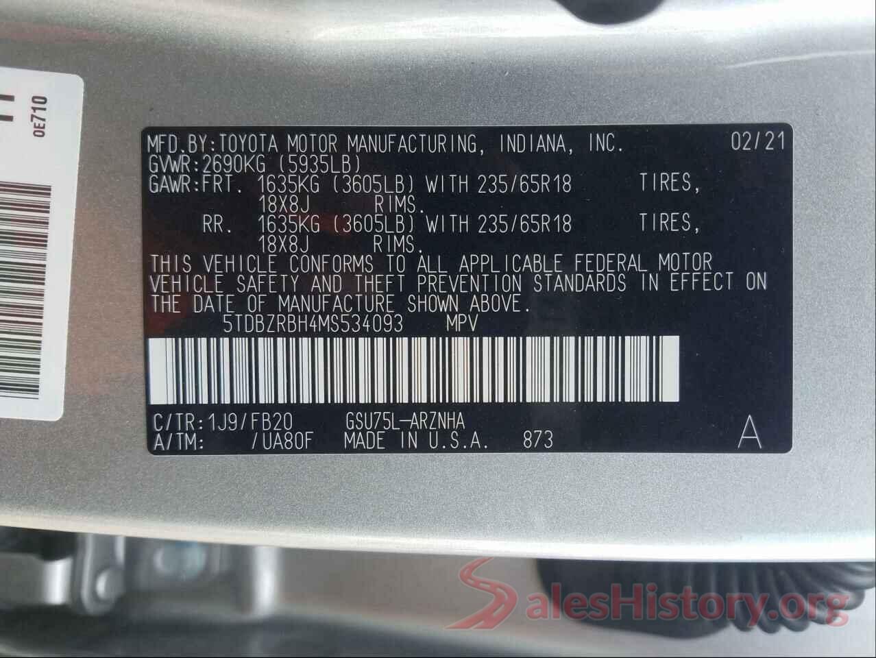 5TDBZRBH4MS534093 2021 TOYOTA HIGHLANDER