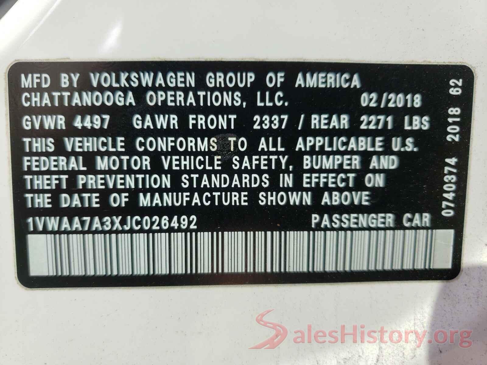 1VWAA7A3XJC026492 2018 VOLKSWAGEN PASSAT