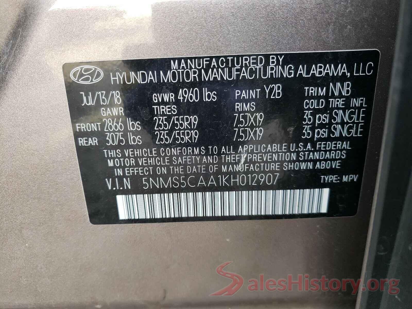 5NMS5CAA1KH012907 2019 HYUNDAI SANTA FE