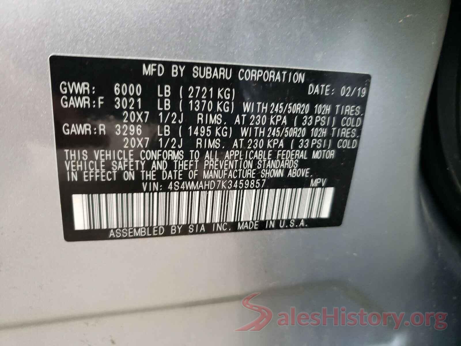 4S4WMAHD7K3459857 2019 SUBARU ASCENT