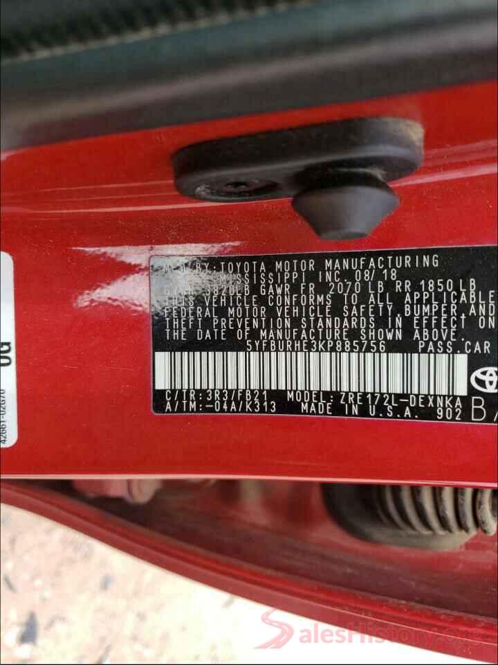 5YFBURHE3KP885756 2019 TOYOTA COROLLA