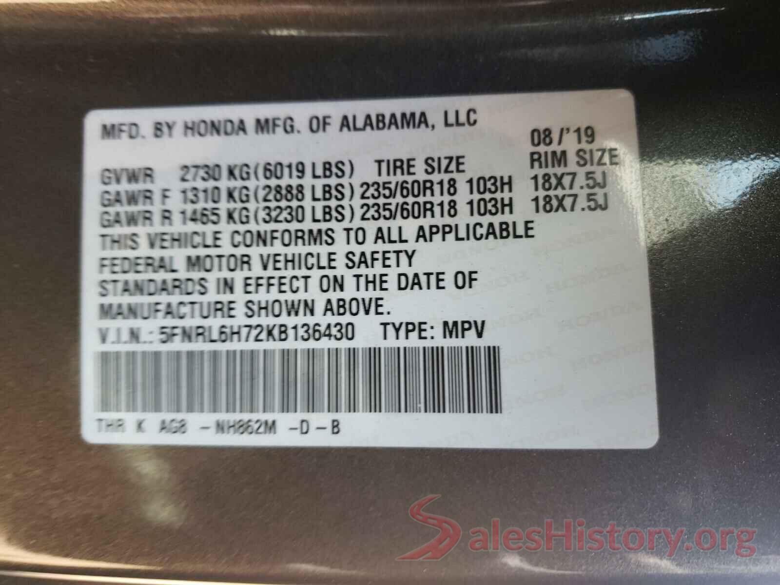 5FNRL6H72KB136430 2019 HONDA ODYSSEY