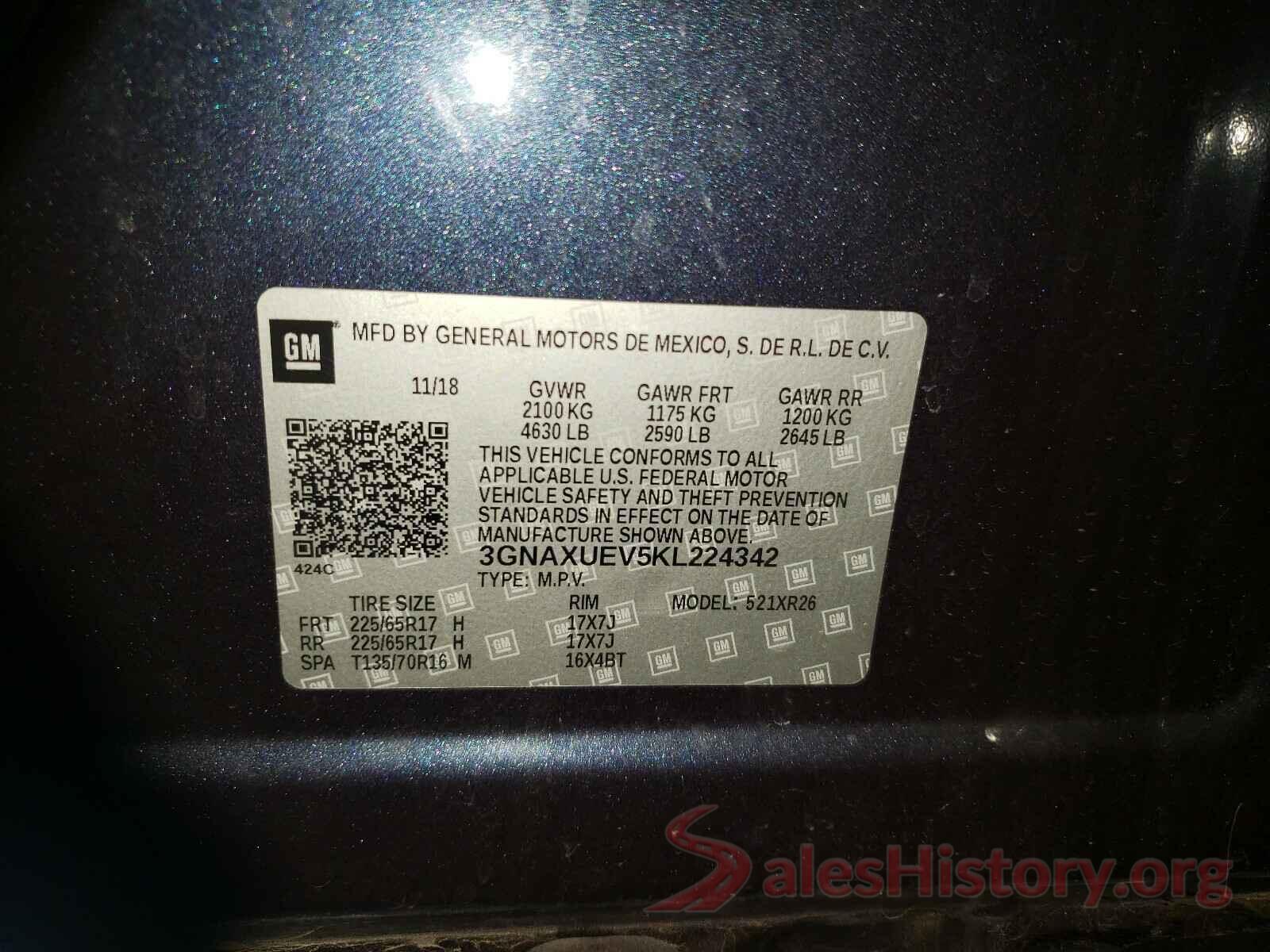 3GNAXUEV5KL224342 2019 CHEVROLET EQUINOX