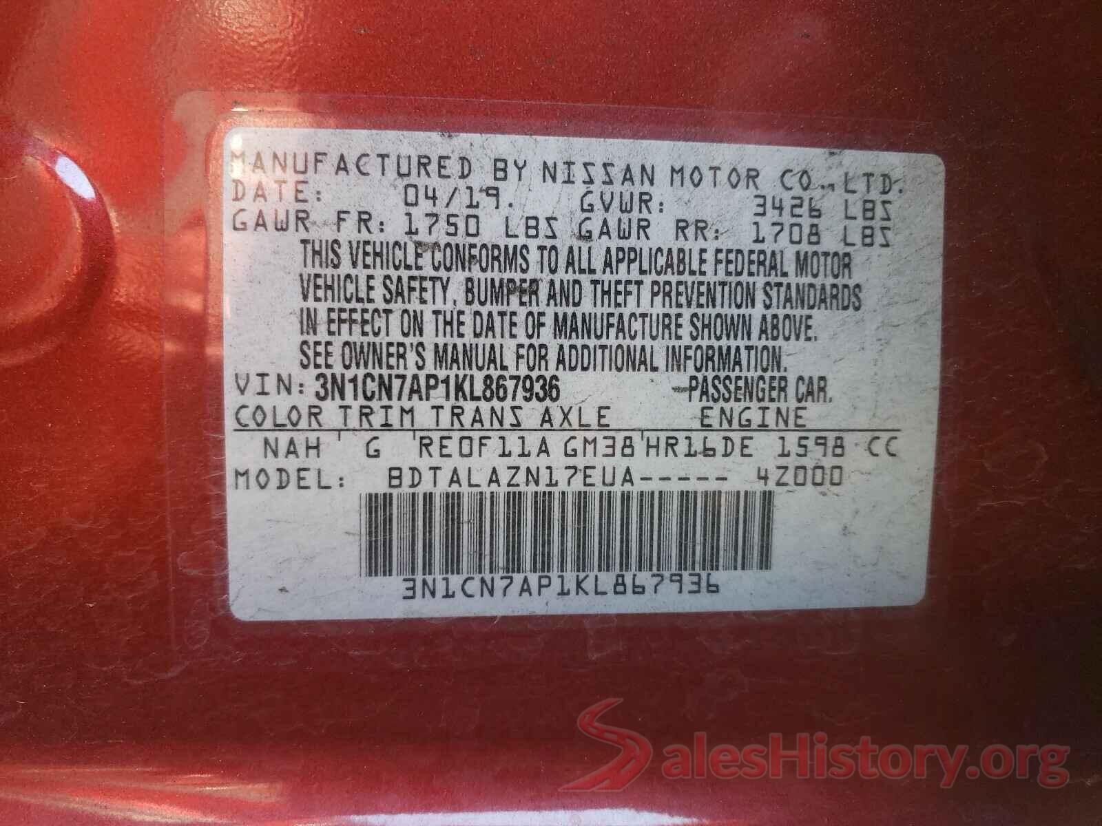 3N1CN7AP1KL867936 2019 NISSAN VERSA