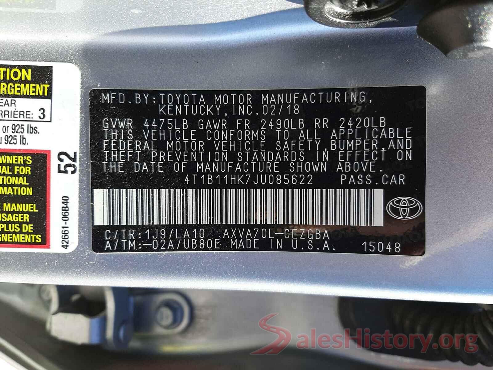 4T1B11HK7JU085622 2018 TOYOTA CAMRY