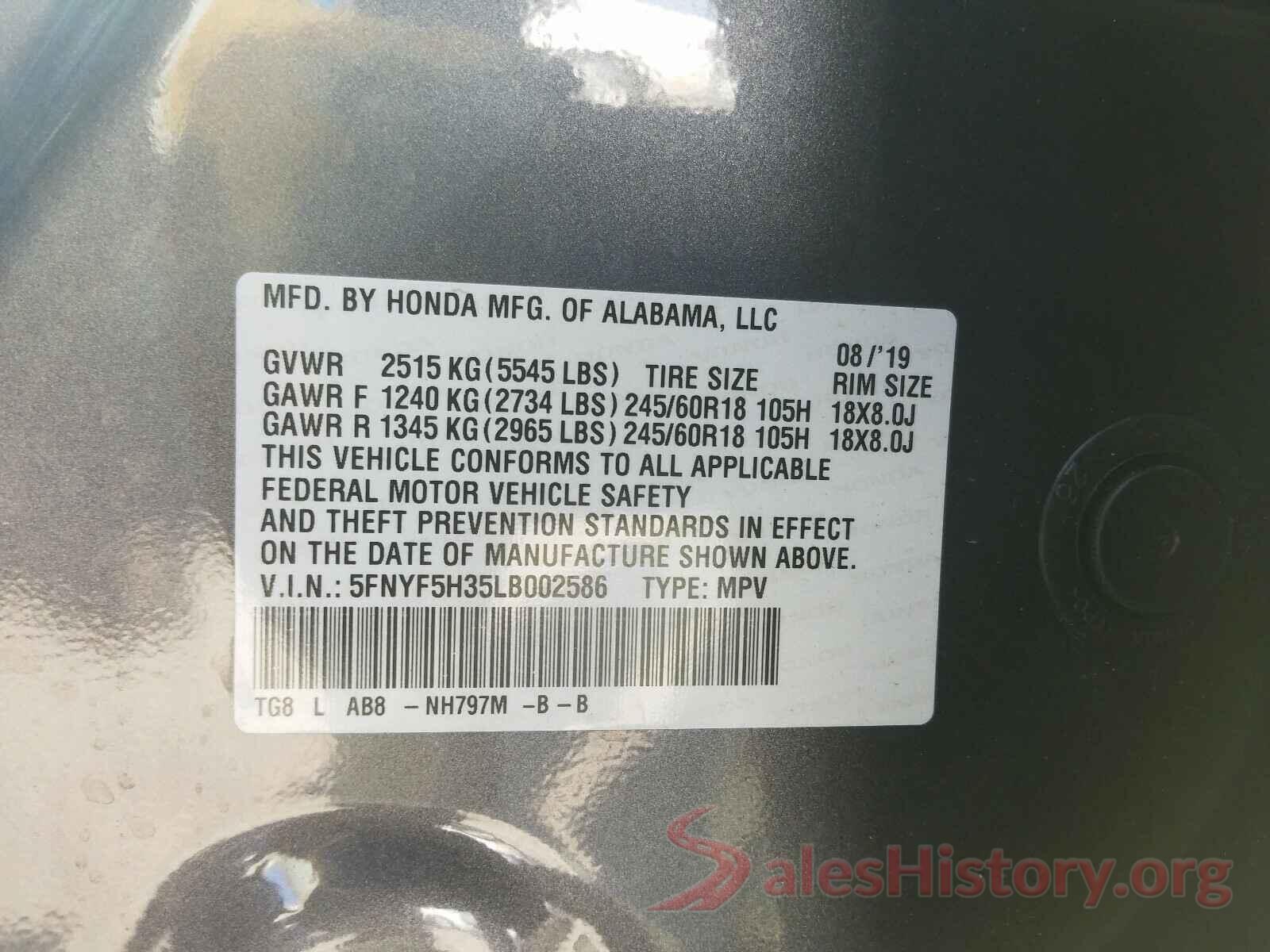 5FNYF5H35LB002586 2020 HONDA PILOT