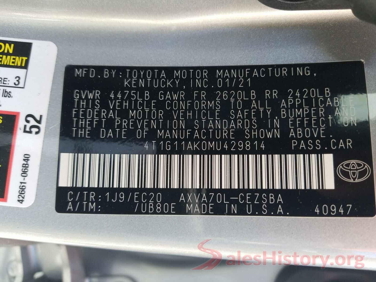 4T1G11AK0MU429814 2021 TOYOTA CAMRY