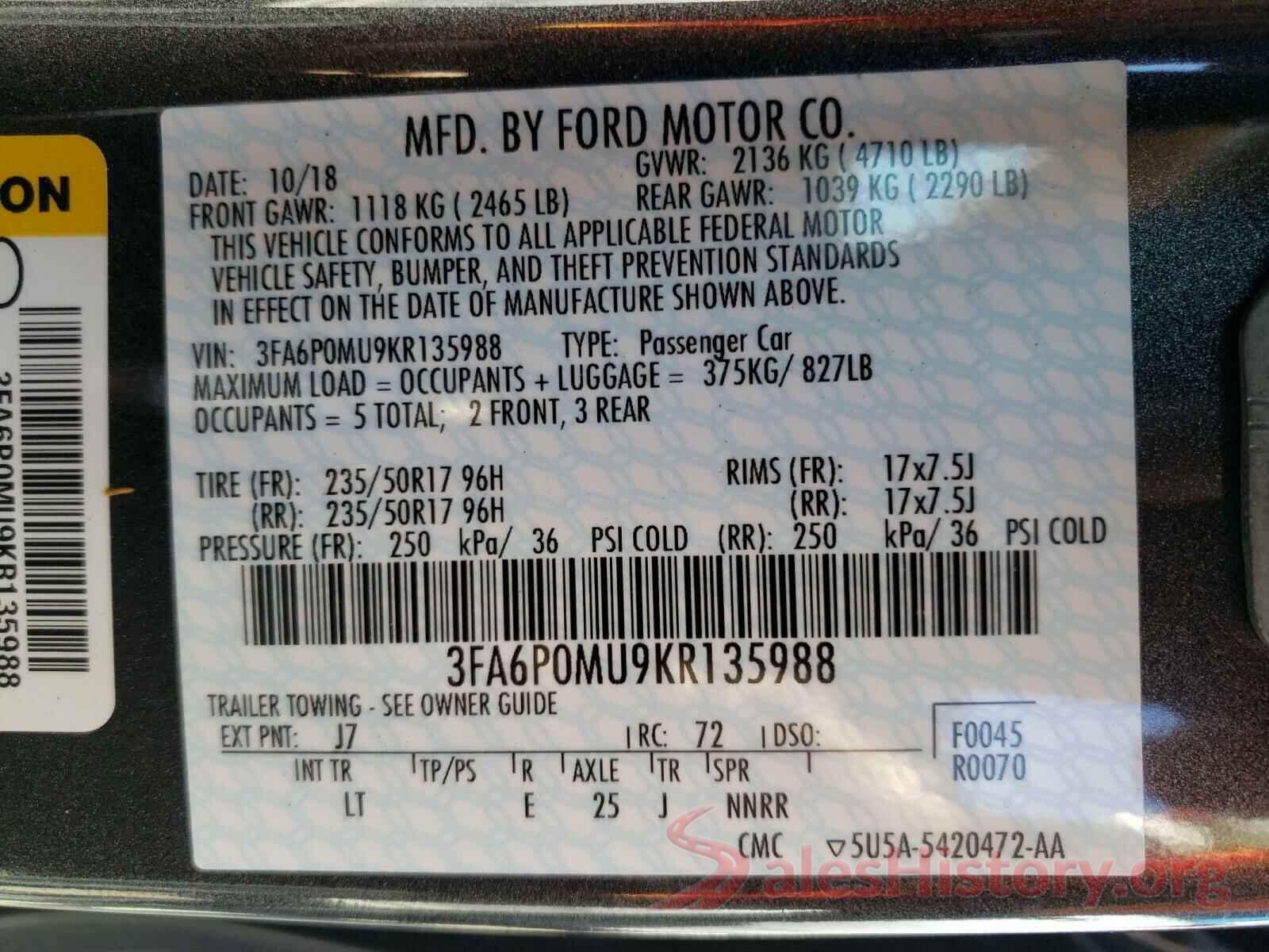 3FA6P0MU9KR135988 2019 FORD FUSION