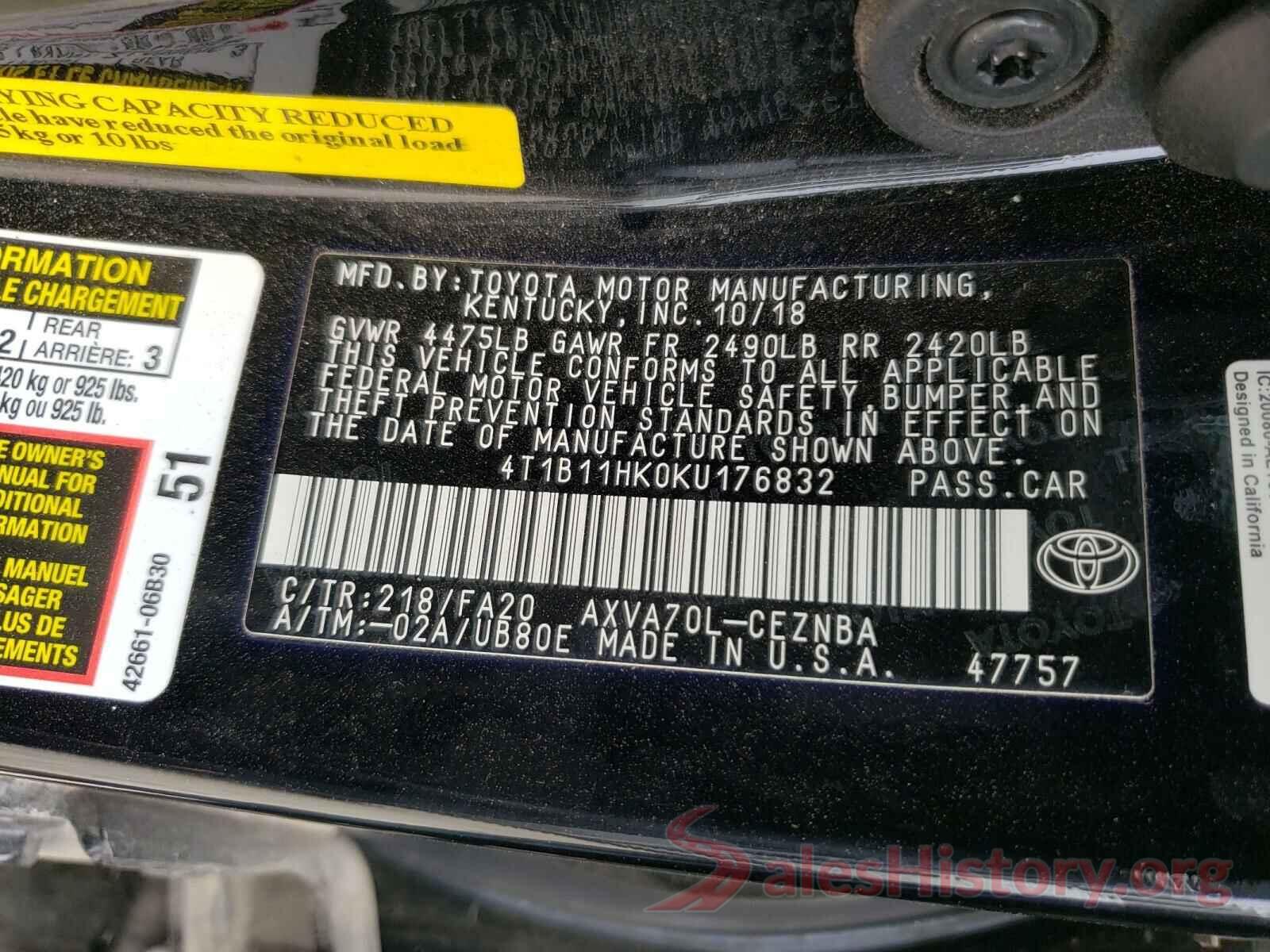 4T1B11HK0KU176832 2019 TOYOTA CAMRY