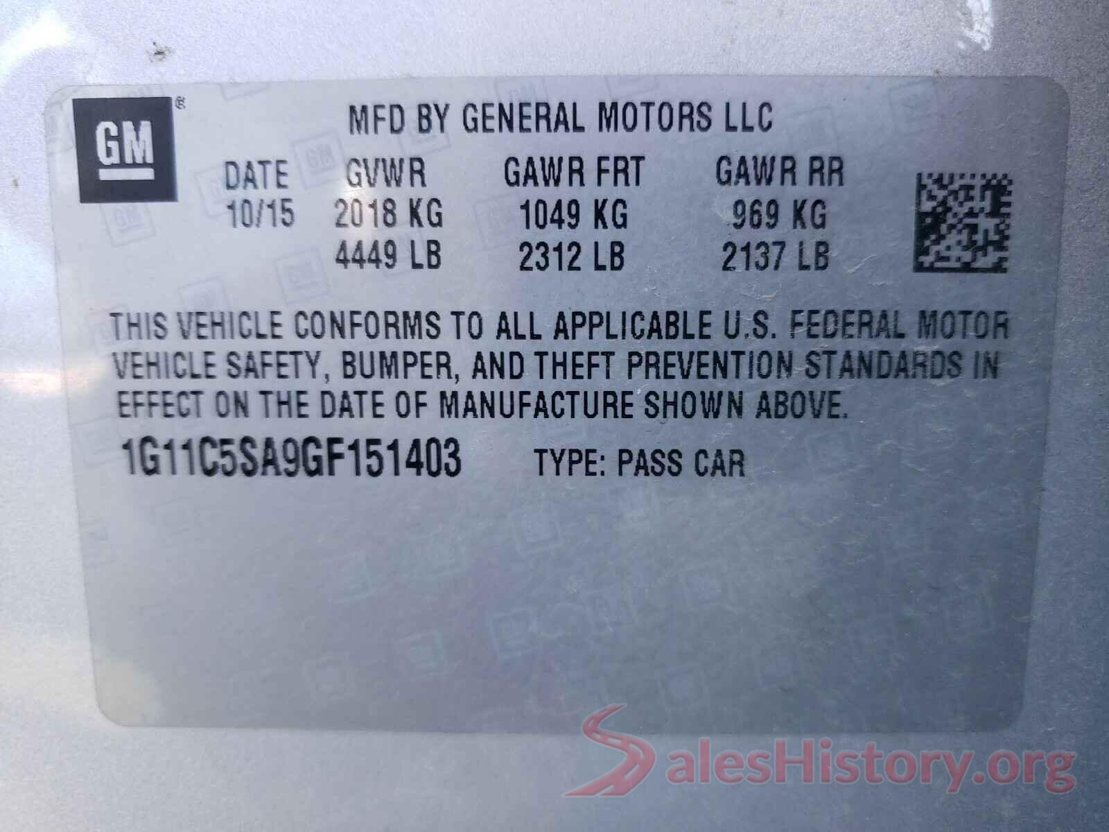 1G11C5SA9GF151403 2016 CHEVROLET MALIBU