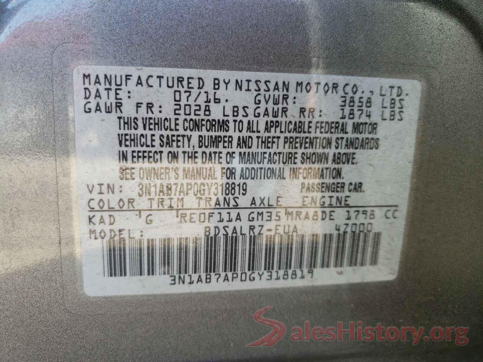 3N1AB7AP0GY318819 2016 NISSAN SENTRA