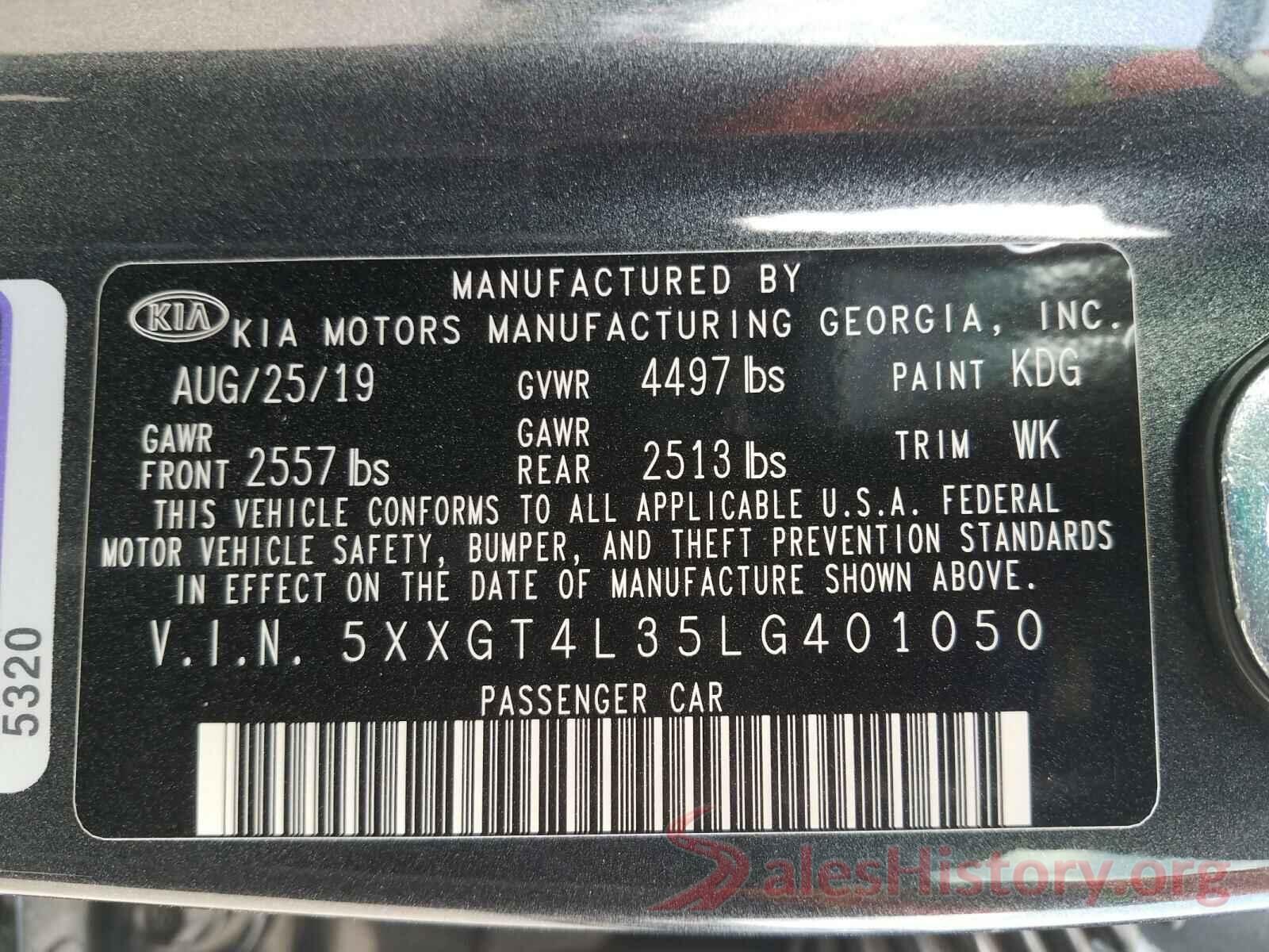 5XXGT4L35LG401050 2020 KIA OPTIMA