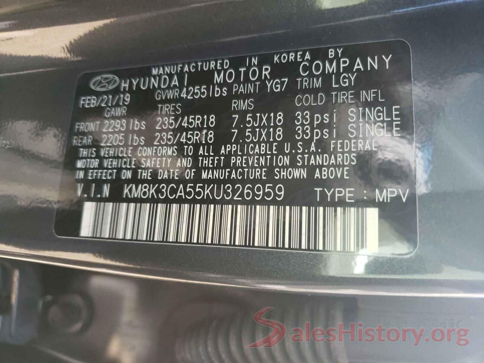 KM8K3CA55KU326959 2019 HYUNDAI KONA