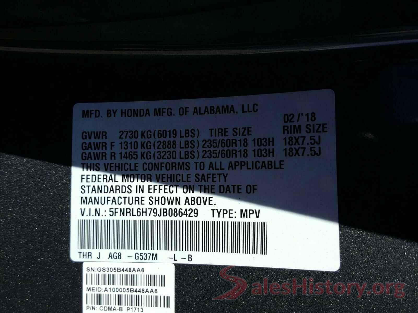 5FNRL6H79JB086429 2018 HONDA ODYSSEY