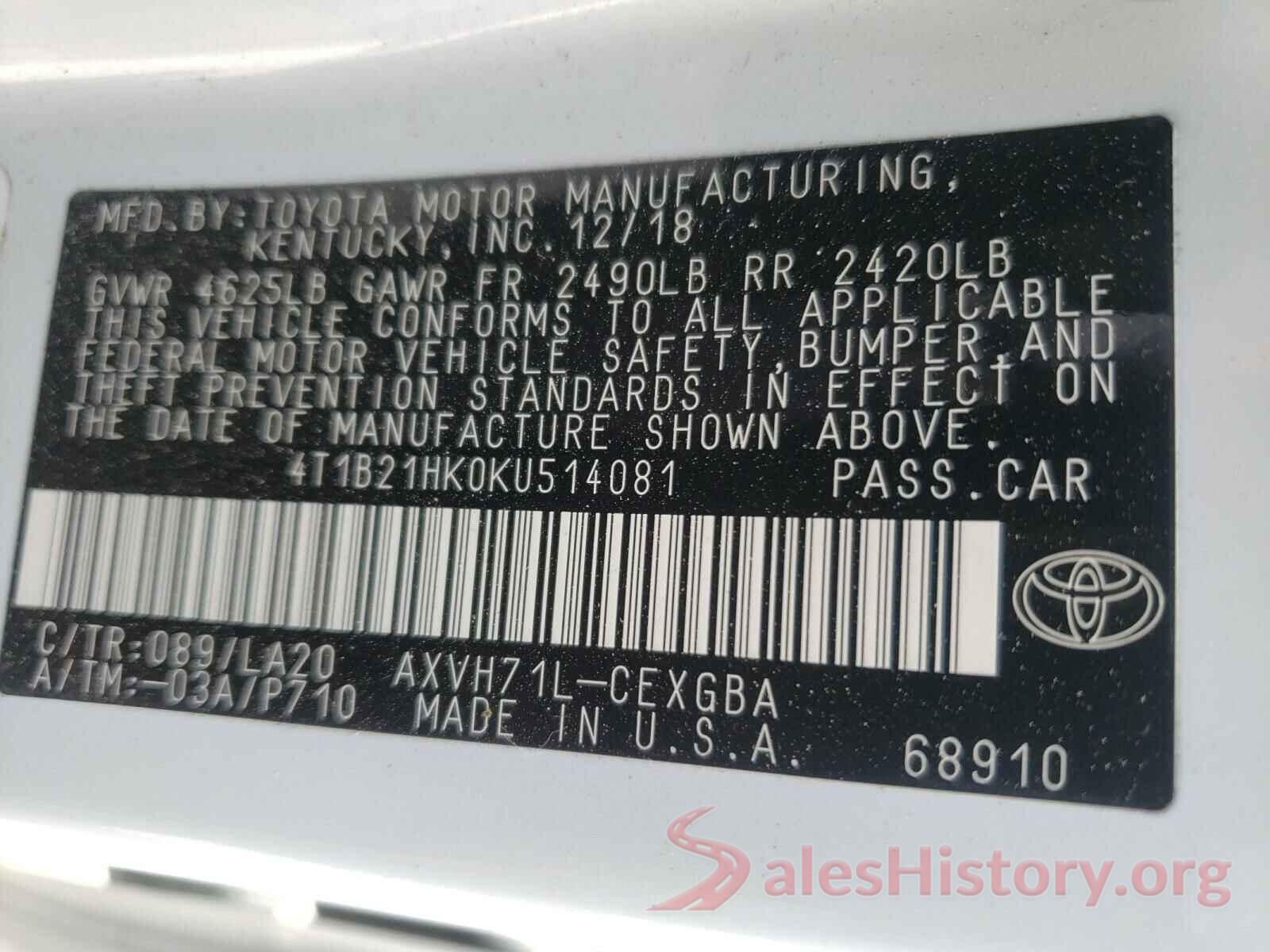 4T1B21HK0KU514081 2019 TOYOTA CAMRY