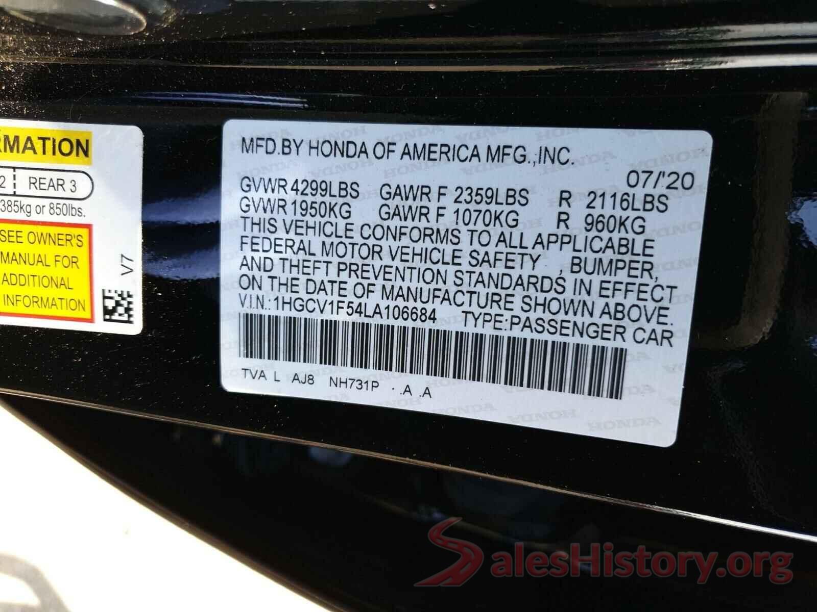 1HGCV1F54LA106684 2020 HONDA ACCORD