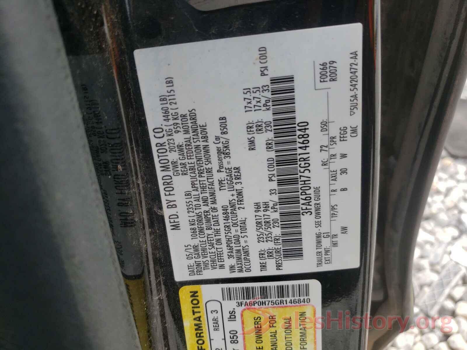 3FA6P0H75GR146840 2016 FORD FUSION