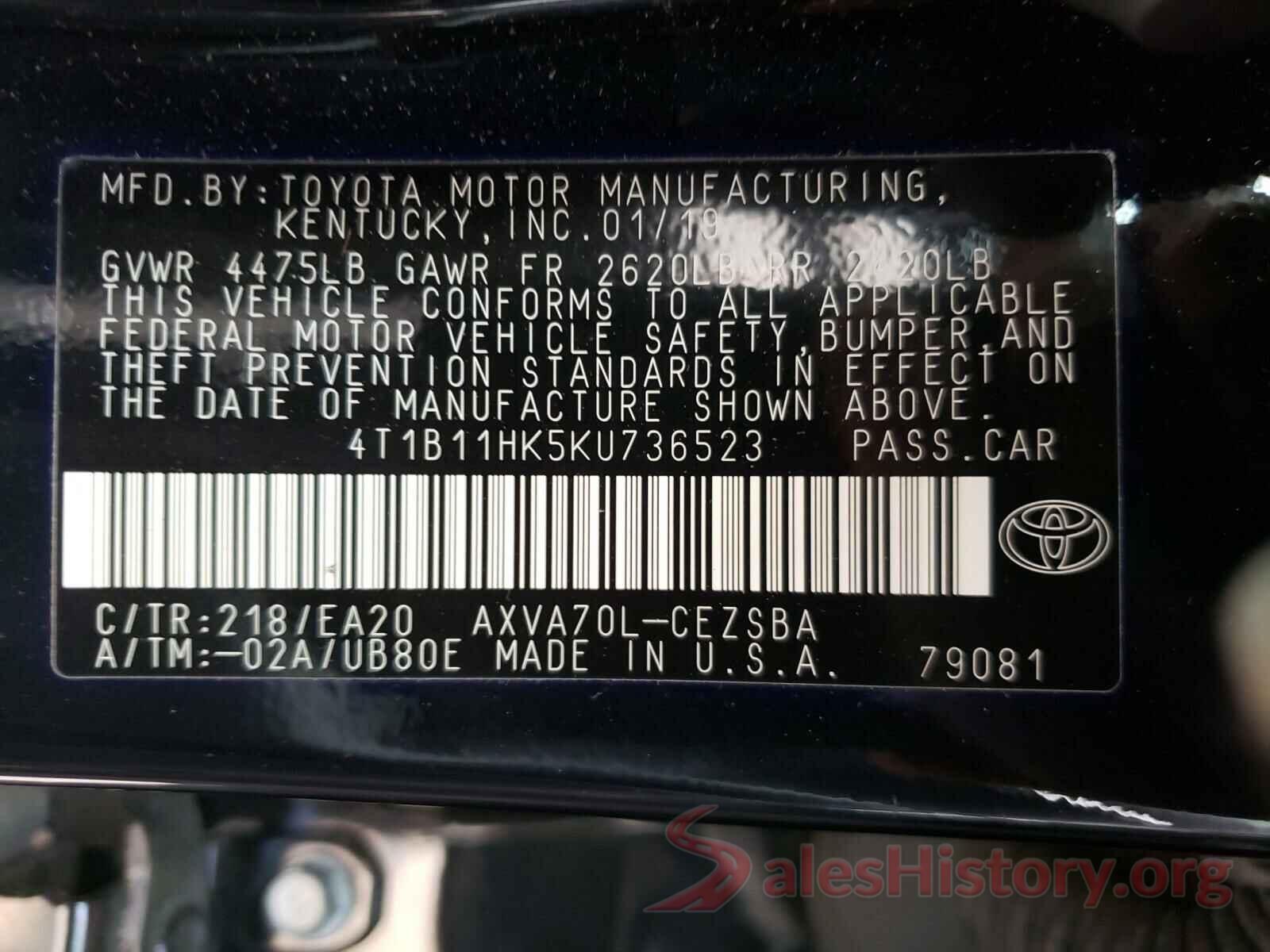 4T1B11HK5KU736523 2019 TOYOTA CAMRY