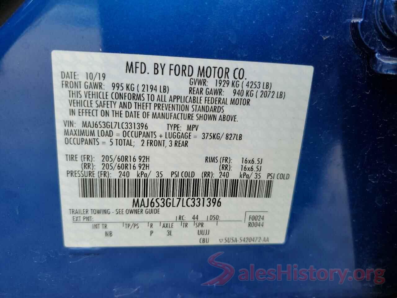 MAJ6S3GL7LC331396 2020 FORD ECOSPORT