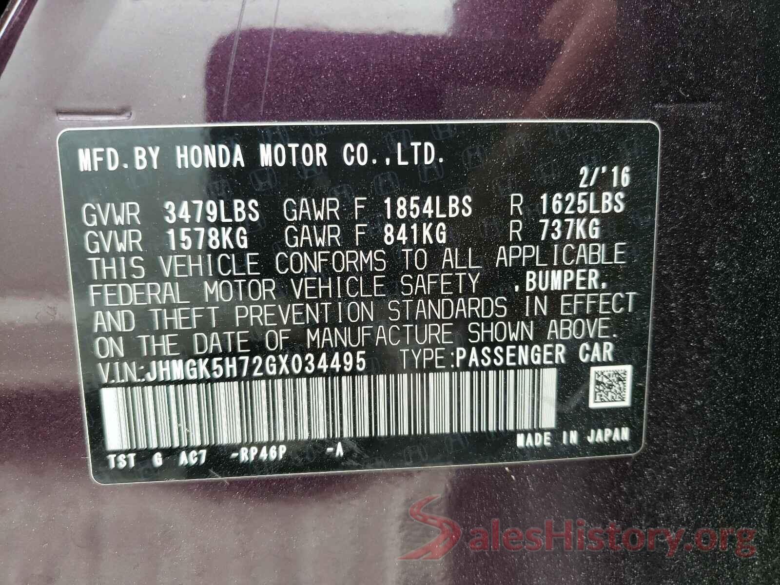 JHMGK5H72GX034495 2016 HONDA FIT