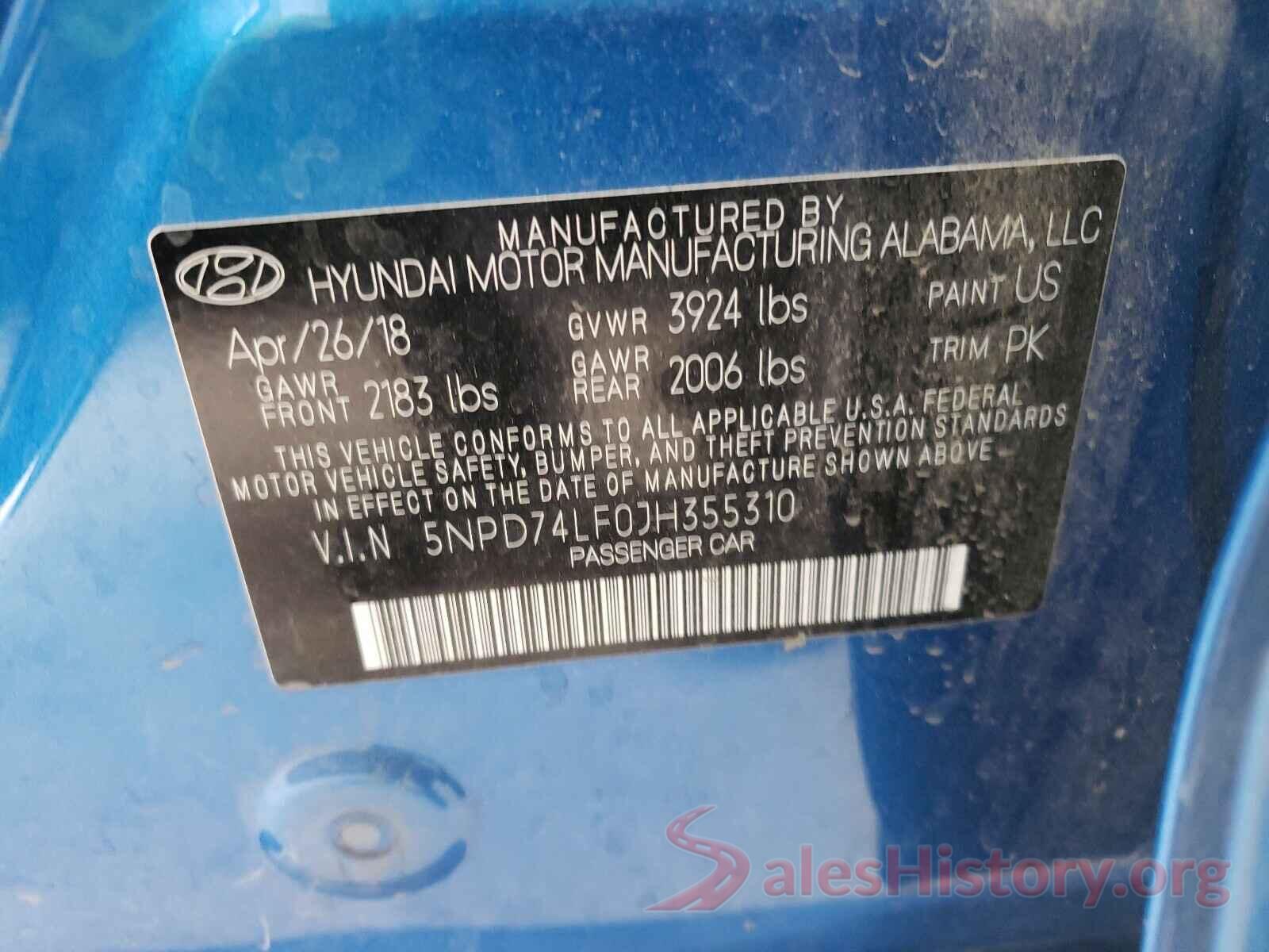 5NPD74LF0JH355310 2018 HYUNDAI ELANTRA