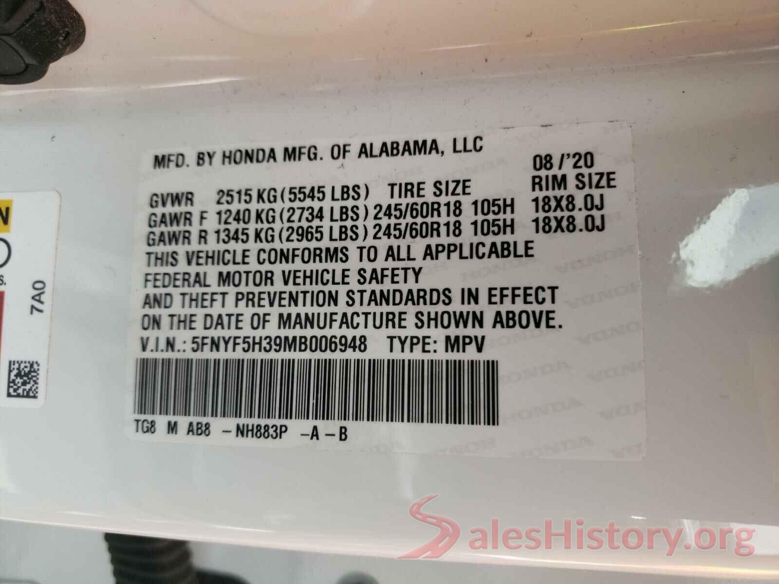 5FNYF5H39MB006948 2021 HONDA PILOT