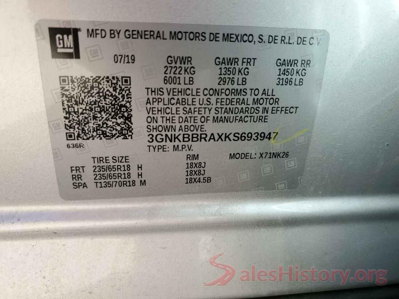 3GNKBBRAXKS693947 2019 CHEVROLET BLAZER