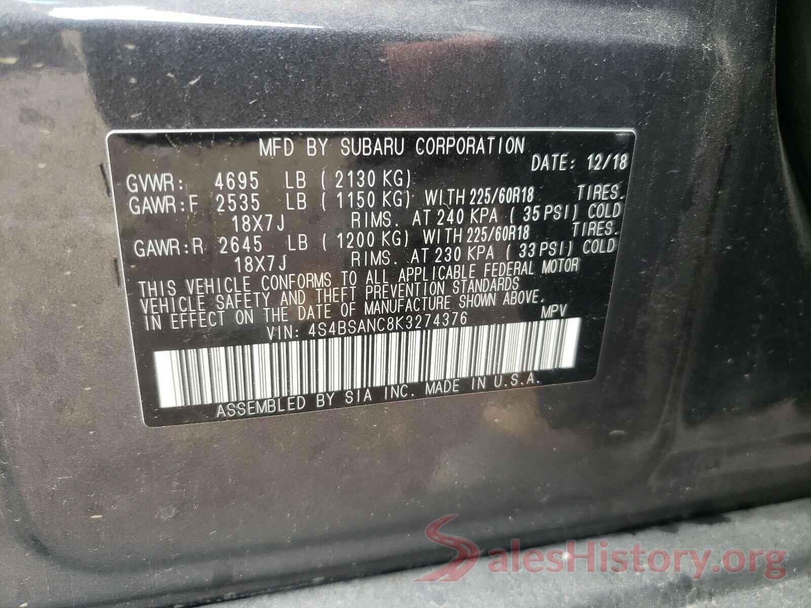 4S4BSANC8K3274376 2019 SUBARU OUTBACK