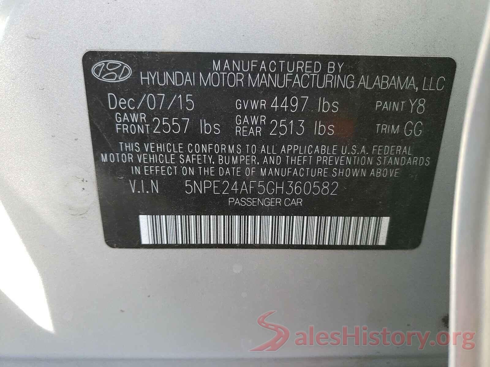 5NPE24AF5GH360582 2016 HYUNDAI SONATA