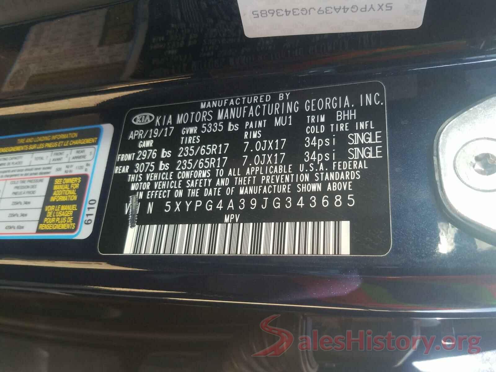 5XYPG4A39JG343685 2018 KIA SORENTO