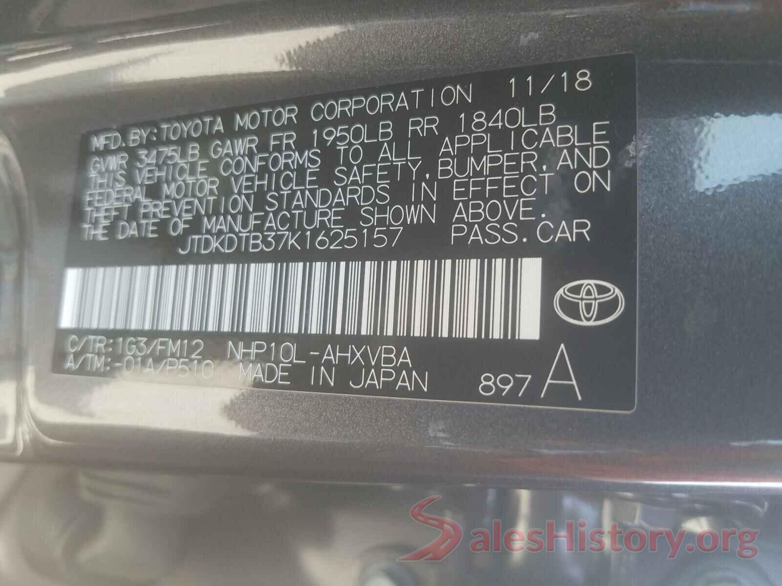 JTDKDTB37K1625157 2019 TOYOTA PRIUS