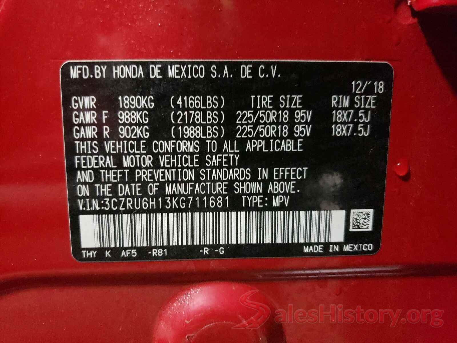 3CZRU6H13KG711681 2019 HONDA HR-V