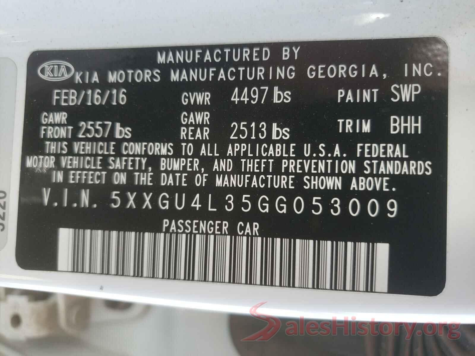 5XXGU4L35GG053009 2016 KIA OPTIMA