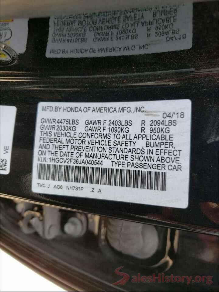 1HGCV2F36JA040544 2018 HONDA ACCORD