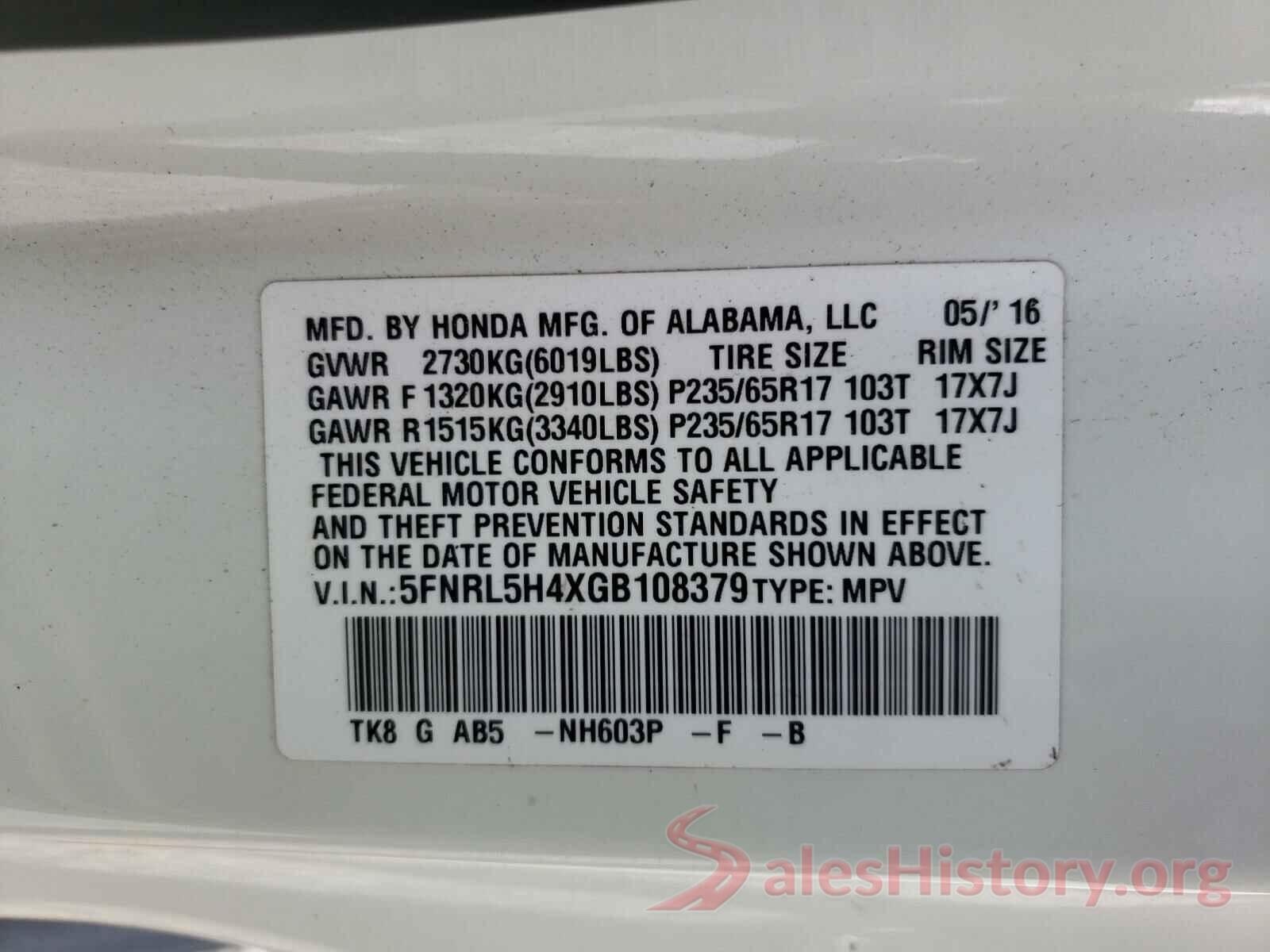 5FNRL5H4XGB108379 2016 HONDA ODYSSEY