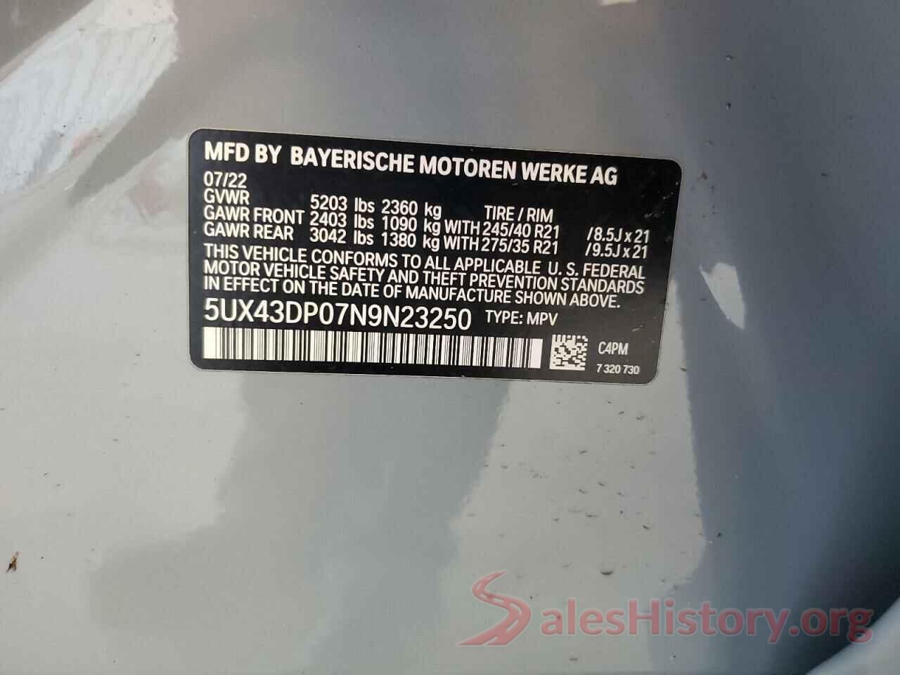 5UX43DP07N9N23250 2022 BMW X3