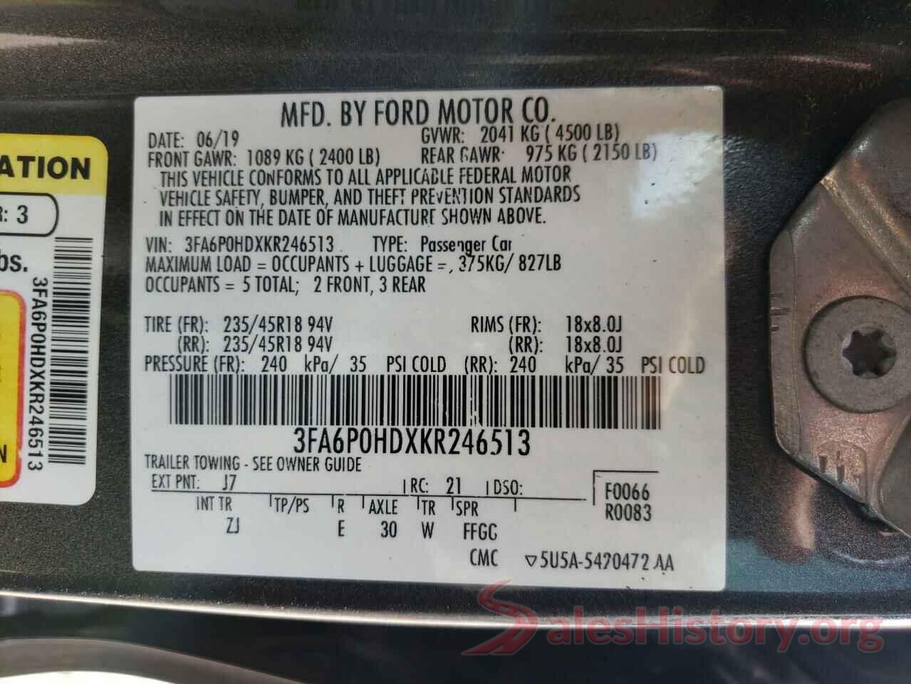 3FA6P0HDXKR246513 2019 FORD FUSION