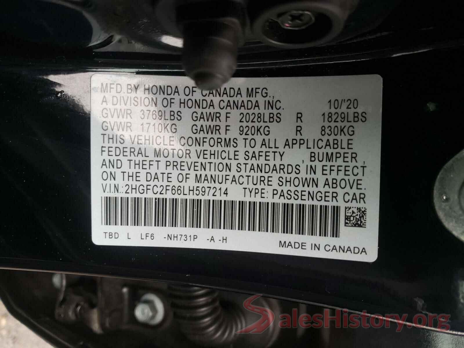 2HGFC2F66LH597214 2020 HONDA CIVIC