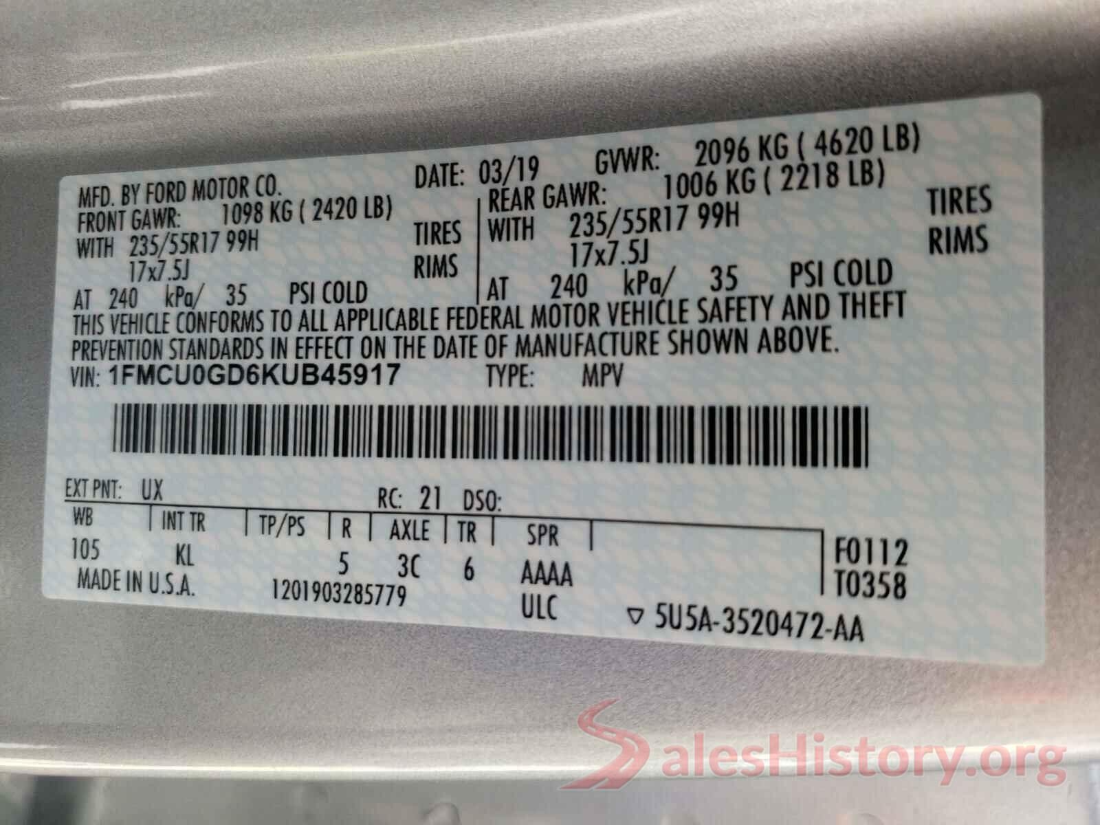 1FMCU0GD6KUB45917 2019 FORD ESCAPE