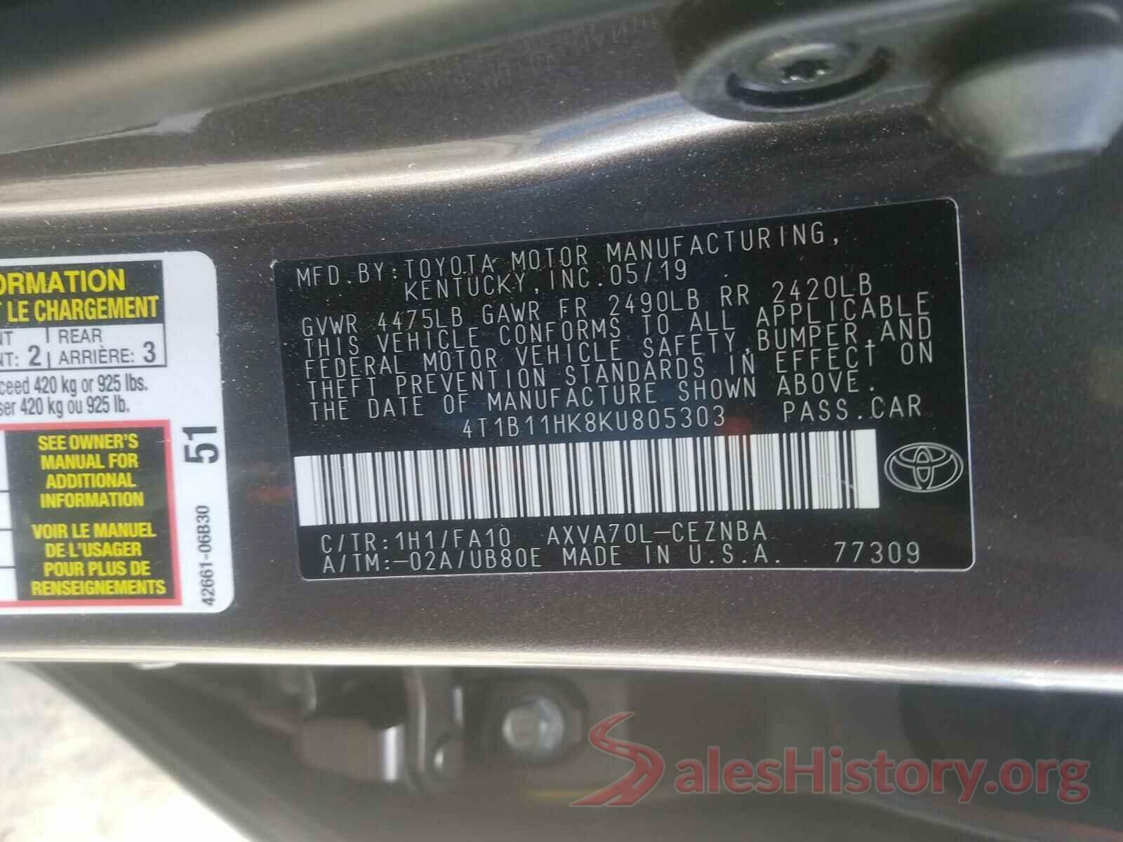 4T1B11HK8KU805303 2019 TOYOTA CAMRY