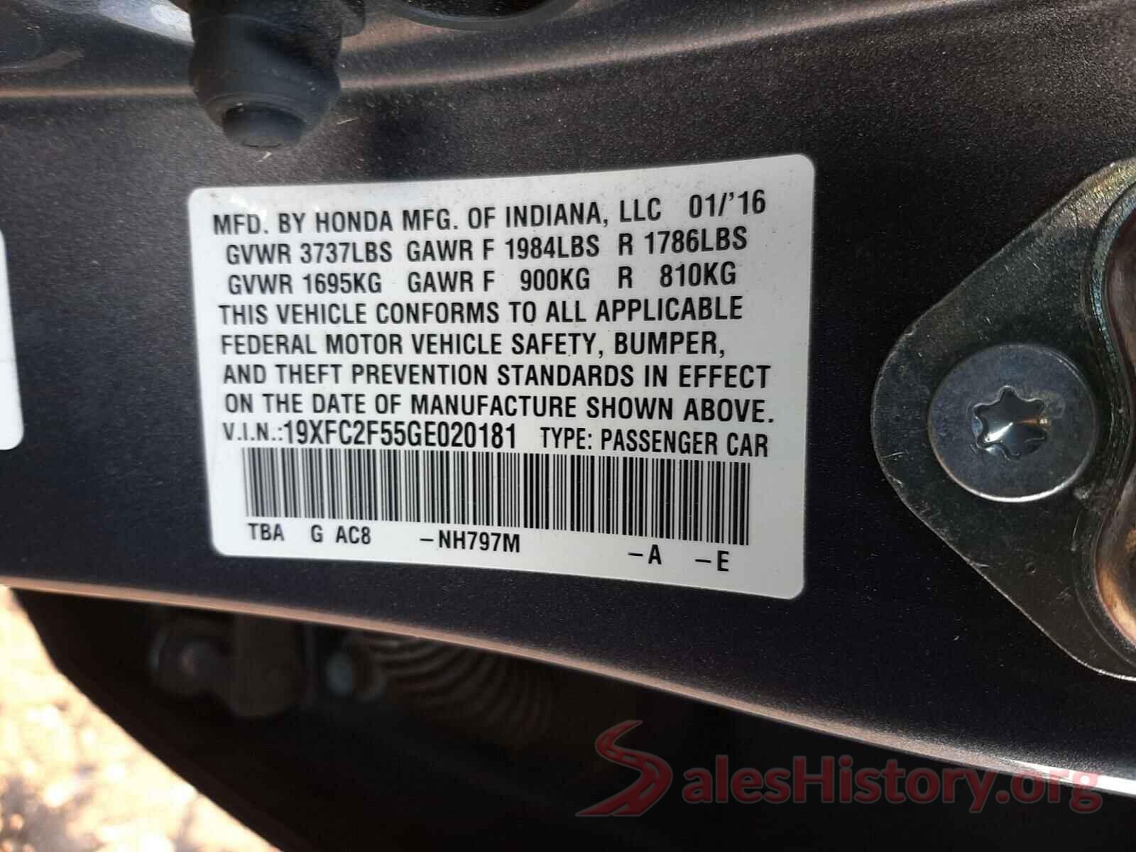 19XFC2F55GE020181 2016 HONDA CIVIC