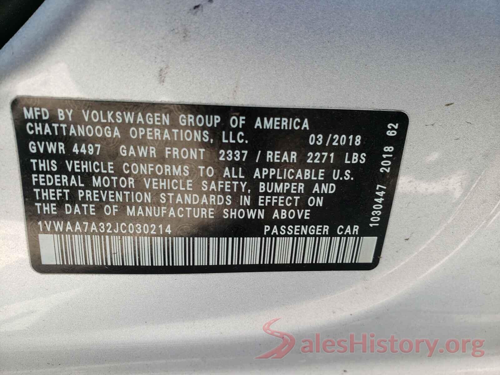 1VWAA7A32JC030214 2018 VOLKSWAGEN PASSAT