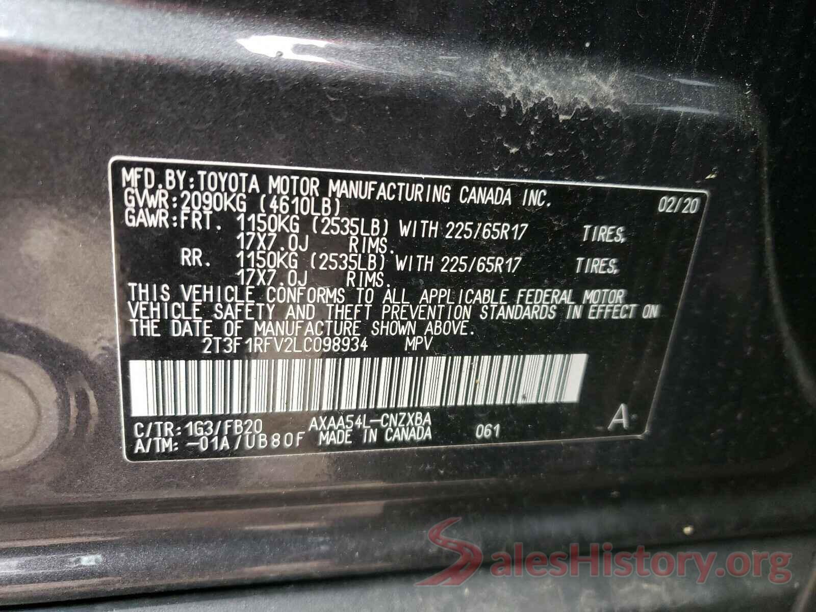 2T3F1RFV2LC098934 2020 TOYOTA RAV4