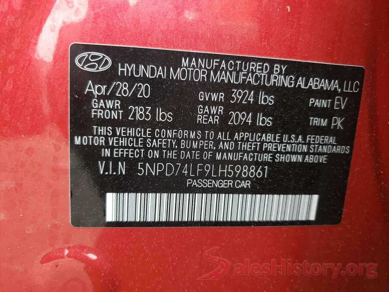 5NPD74LF9LH598861 2020 HYUNDAI ELANTRA