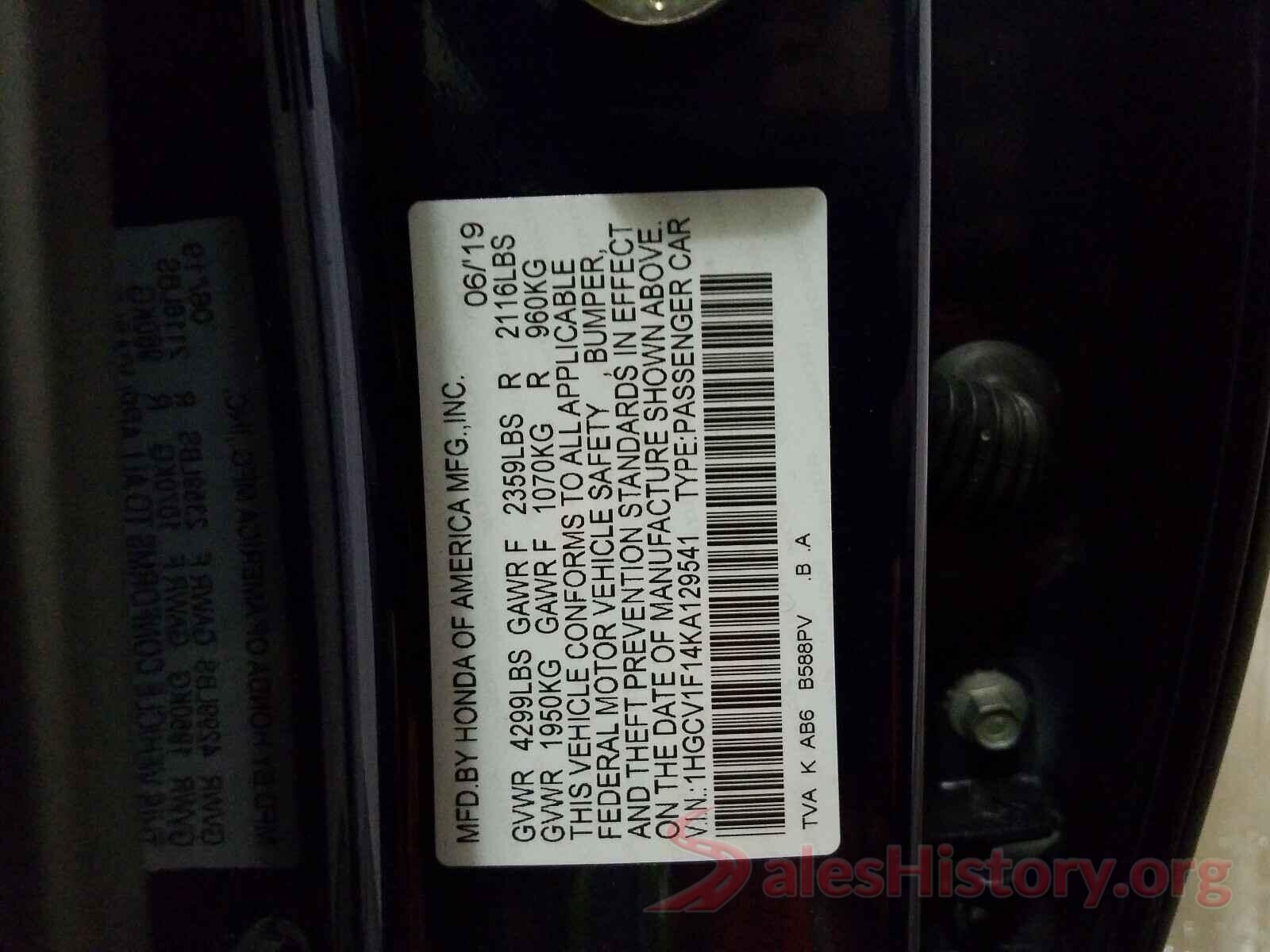 1HGCV1F14KA129541 2019 HONDA ACCORD