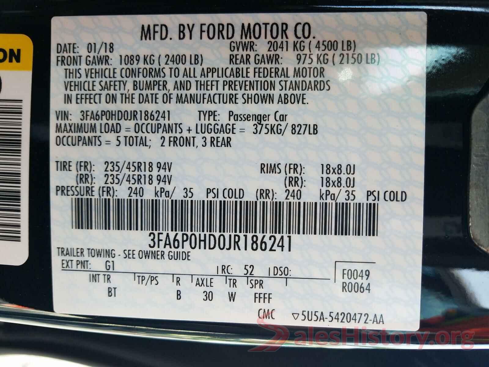 3FA6P0HD0JR186241 2018 FORD FUSION