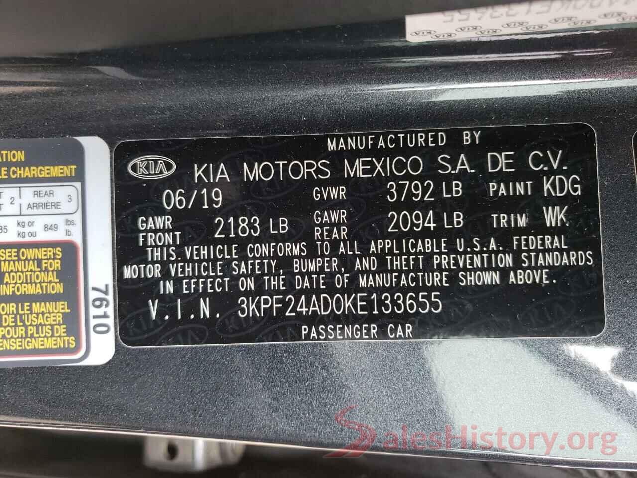 3KPF24AD0KE133655 2019 KIA FORTE