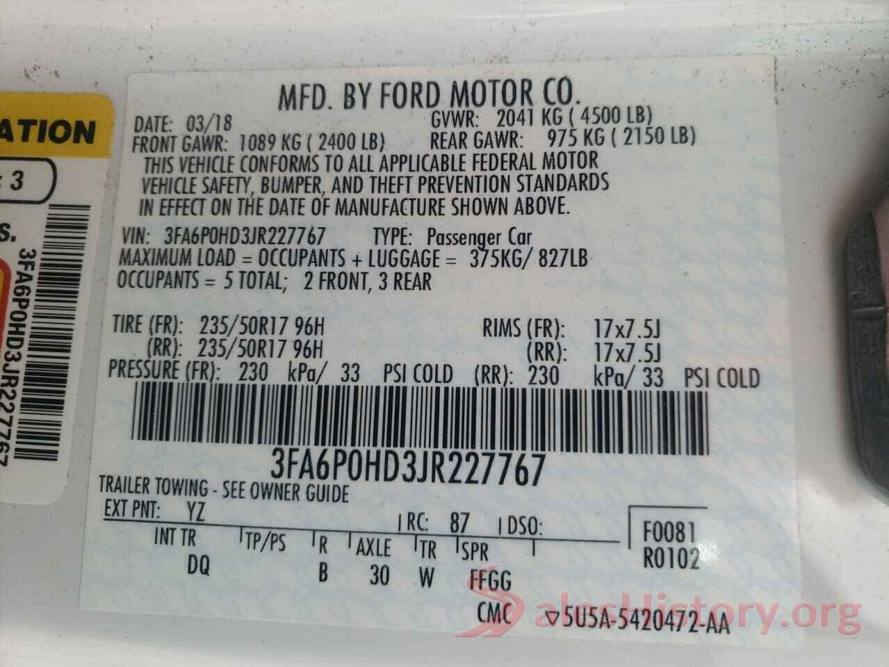 3FA6P0HD3JR227767 2018 FORD FUSION