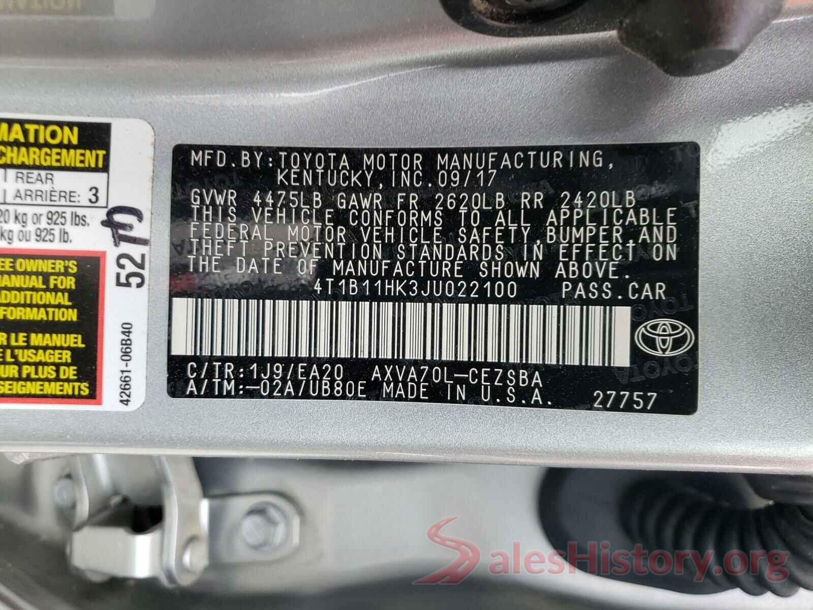 4T1B11HK3JU022100 2018 TOYOTA CAMRY