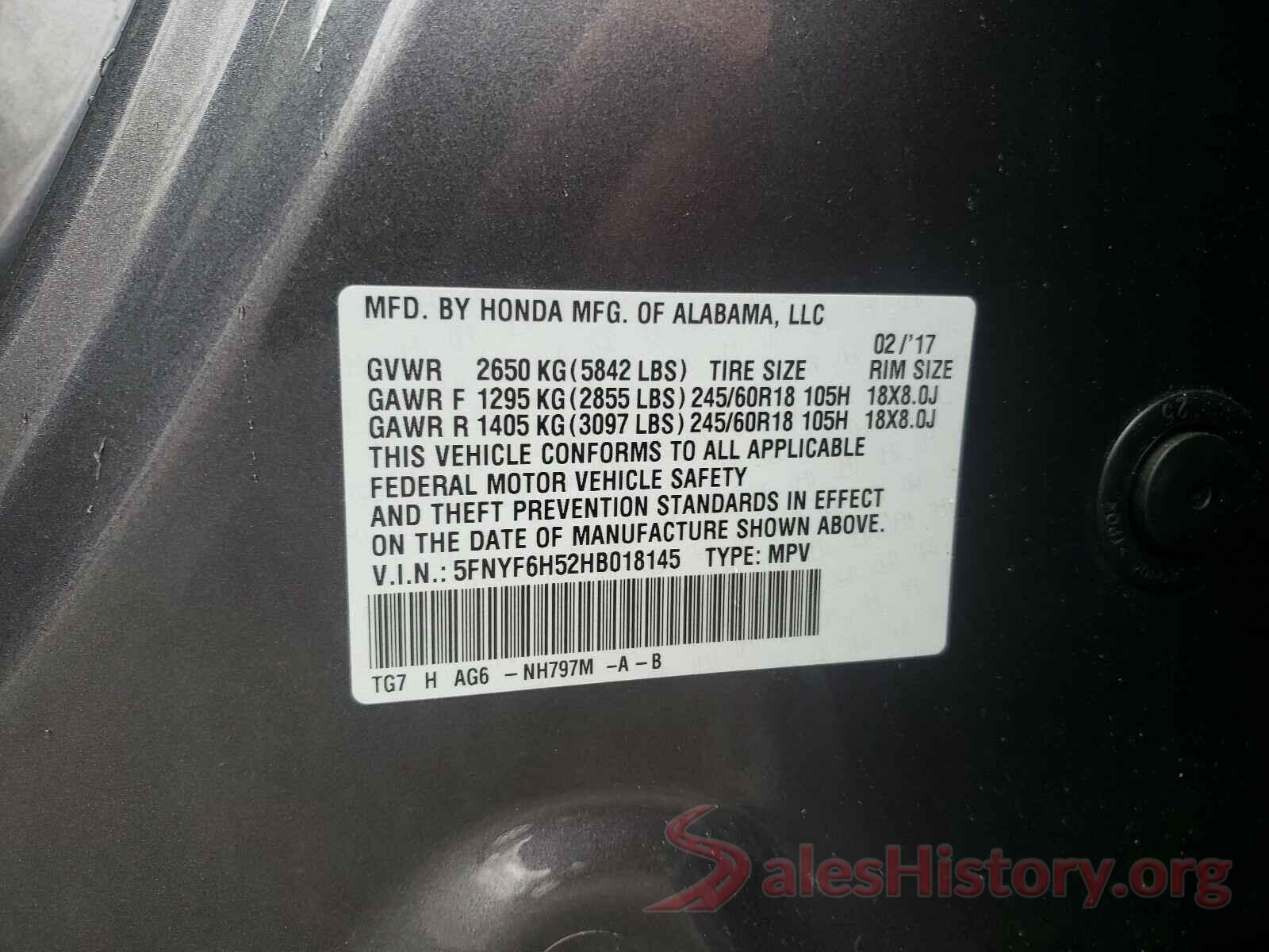 5FNYF6H52HB018145 2017 HONDA PILOT